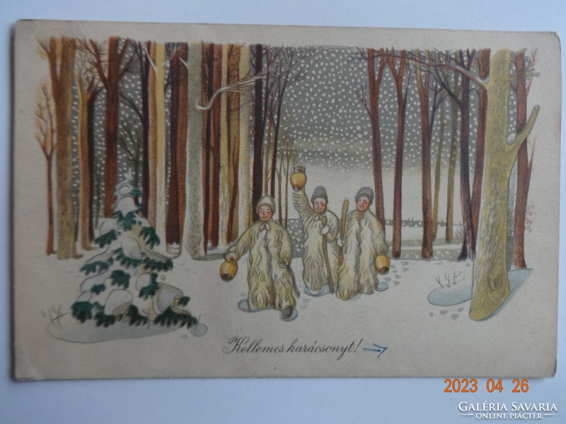 Régi  grafikus karácsonyi képeslap - Szűcs Pál rajz