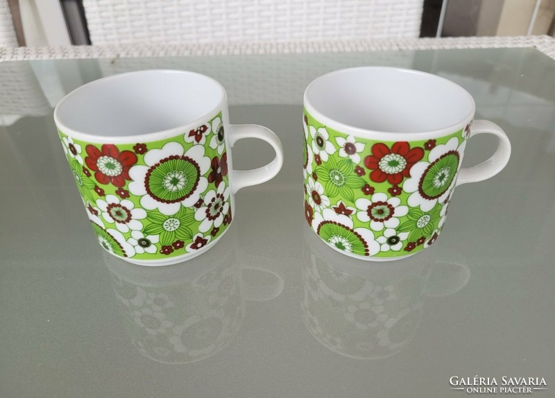 Retro old 2 lowland porcelain mugs green brown floral mugs with a rare pattern