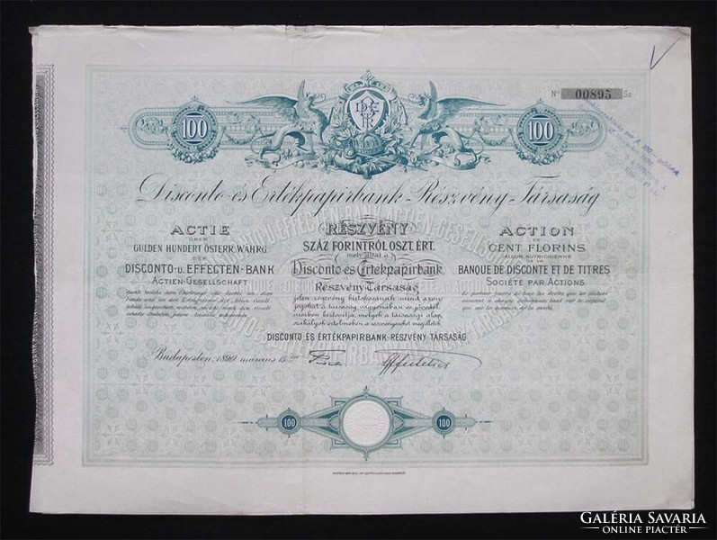 Disconto- és Értékpapírbank Részvénytársaság részvény 100 forint 1890