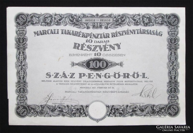 Marcali savings bank joint stock company share 100 pengő 1927