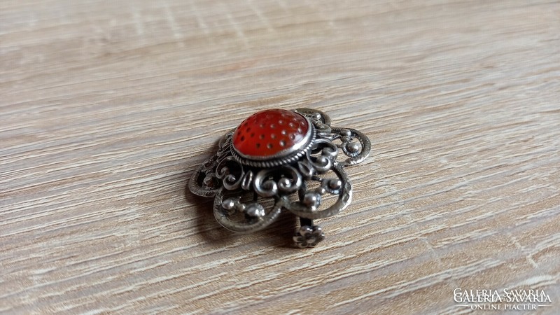 Antique silver amber stone brooch