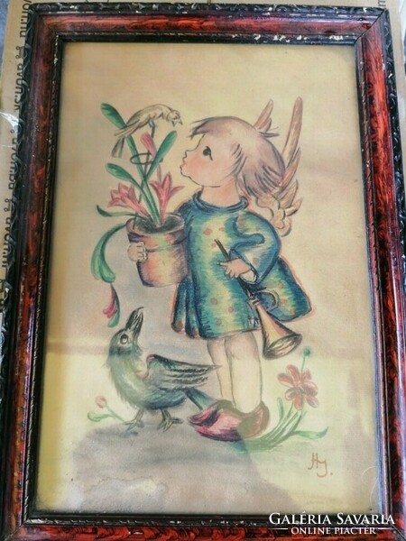 Little girl with birds old graphic drawing marked