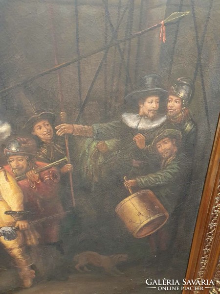 Hatalmas olajfestmény Éjjeli őrjárat Rembrandt után Kézzel festett 224X164 cm, pompás arany fa keret