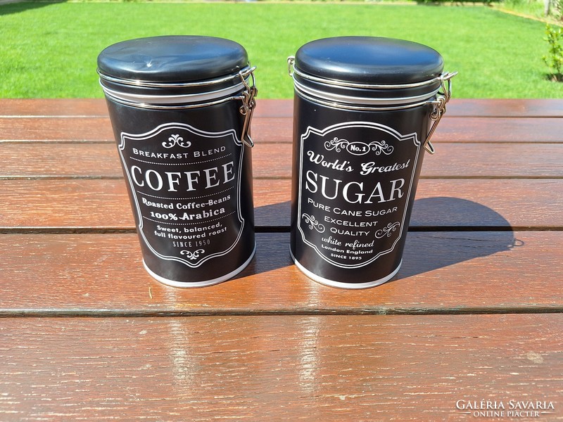 Új vintage cukor és kávé tartó fémdoboz, pléhdoboz