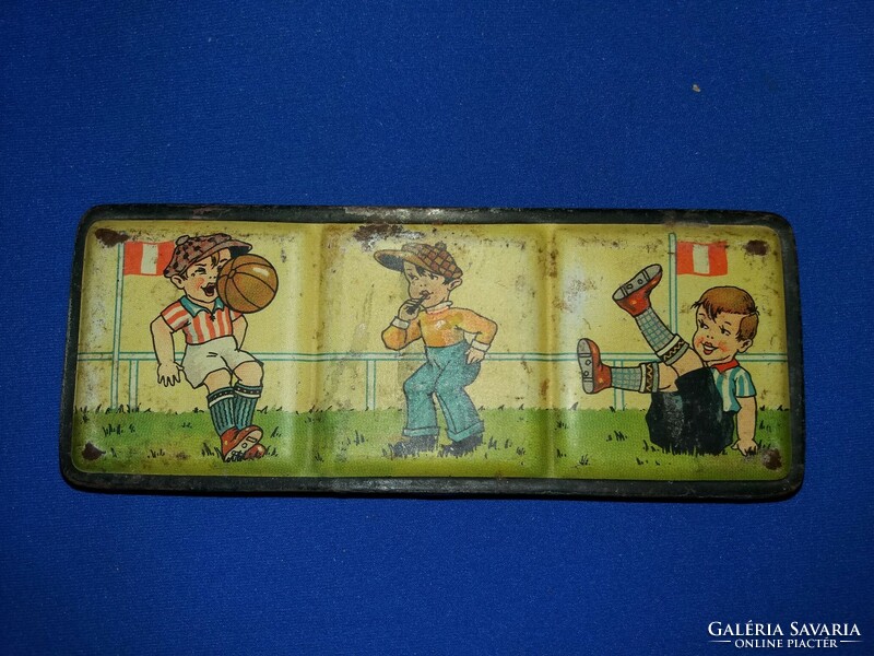 Antique sheet watercolor / watercolor metal box with cute soccer player children's drawings, condition according to the pictures