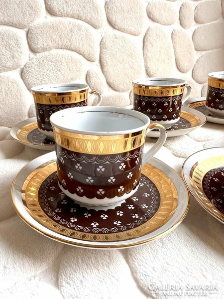 Barna arany lóhere mintás Cseh Bohemia 6 személyes porcelán kávés készlet hibátlan állapotban