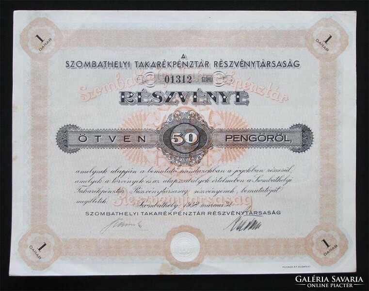 Szombathelyi Takarékpénztár részvény 50 pengő 1938 - Szombathely