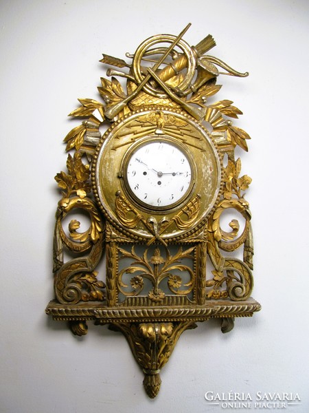 Rare, large, antique Viennese gilded, carved, quarter-strike wall clock, first half of the 19th century