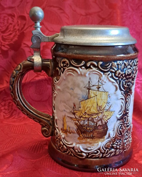 Old beer mug with tin lid, ceramic vessel mug (m4630)
