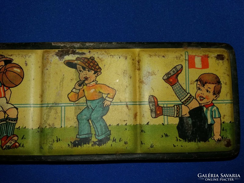 Antik lemez akvarell / vízfestékes fém doboz aranyos focista gyerekrajzokkal állapot a képek szerint