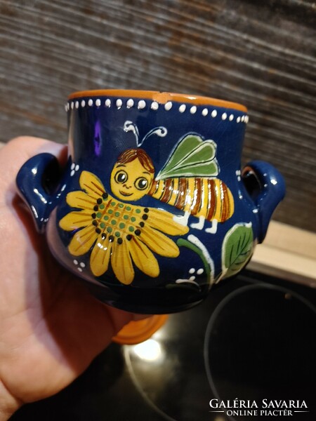 Ceramic sunflower honey bee with porcelain spoon