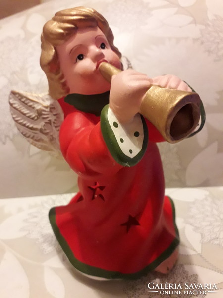 Karácsonyi figurális nagyobb tea mécses tartó trombitás angyal dekoráció 16x10cm hibátlan