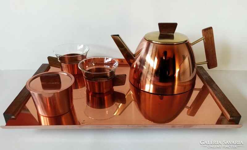 Erich kolbenheyer modernist/bauhaus red/brass/teak tea set 1950 austria vienna