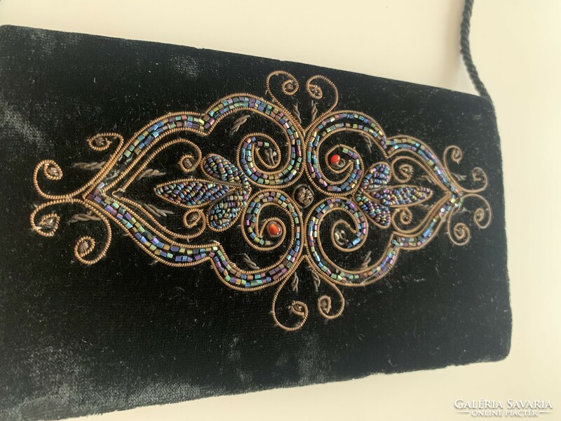 Casual evening bag velvet embroidered with beautiful beaded metallic thread