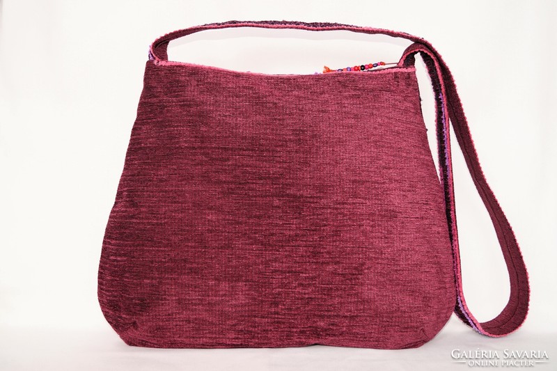 Pink, burgundy, hand-embroidered, floral, beaded, felt ball, rosy, large size, women's shoulder bag 2.