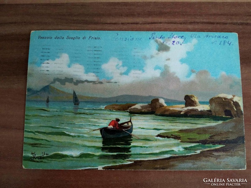 Antique postcard, Italy, Vesuvius in the background with a boat, stamped Naples, 1921, like a canvas painting