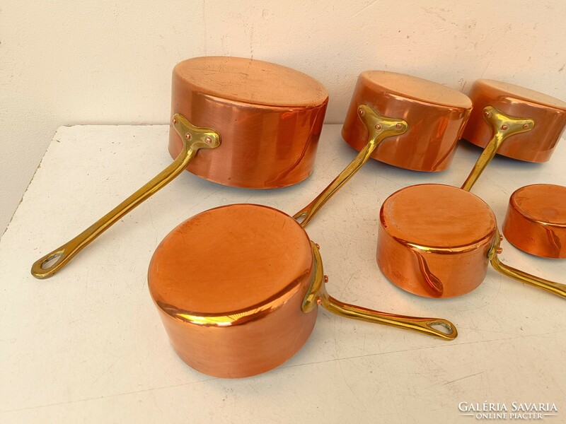 Antique kitchen tool with traces of tin plating, red copper pot, brass handle, set of 6 pieces 801 8744