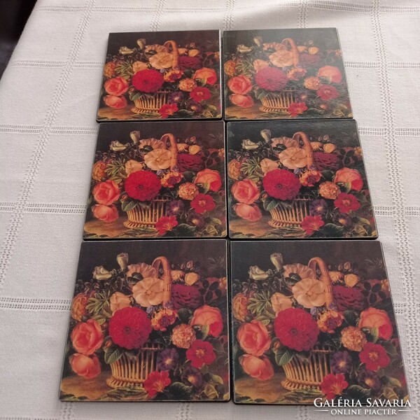 6 cork coasters decorated with a bouquet of flowers
