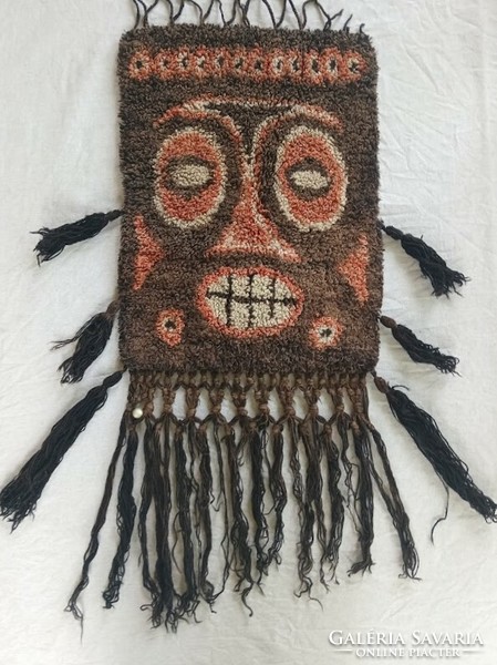 Retro Industrial Tapestry, Mask, 1960s 53cm x 40cm without fringes