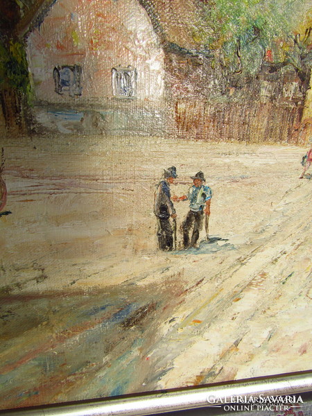 Main village square - oil on canvas landscape, 68 x 88 cm. István Hunyady