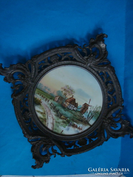 Painted porcelain wall decoration, tin frame
