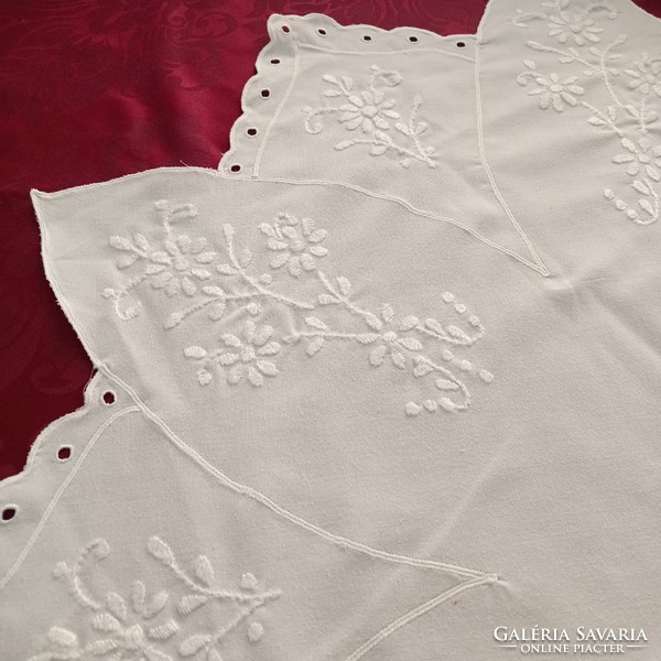 Elegant white on white, hand-embroidered, tablecloth, centerpiece, diameter 83 cm