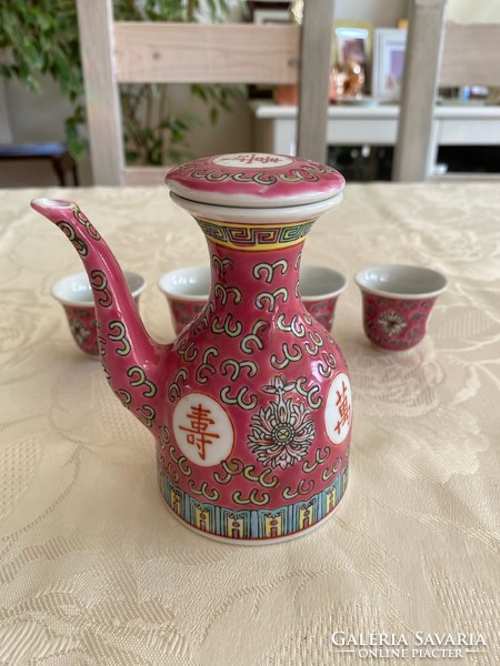 Rózsaszín Jingdezhen Famille Rose porcelán készlet /kis poharak és kiöntő/