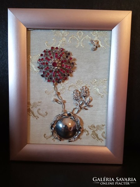 Jewelry wall pictures on a velvet base, in a picture frame, made of vintage jewelry