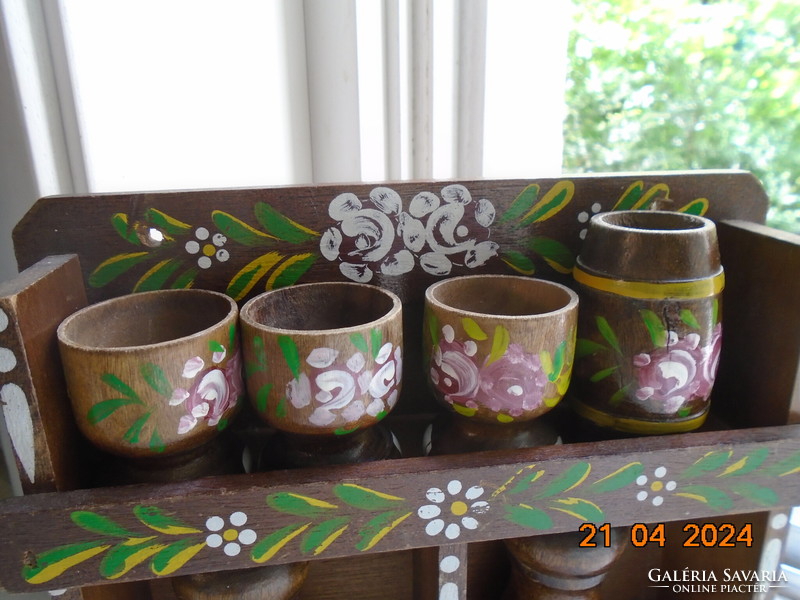 Hand-painted, carved, polished wood, flower-patterned spice holder wall shelf, with 6 different spice holders