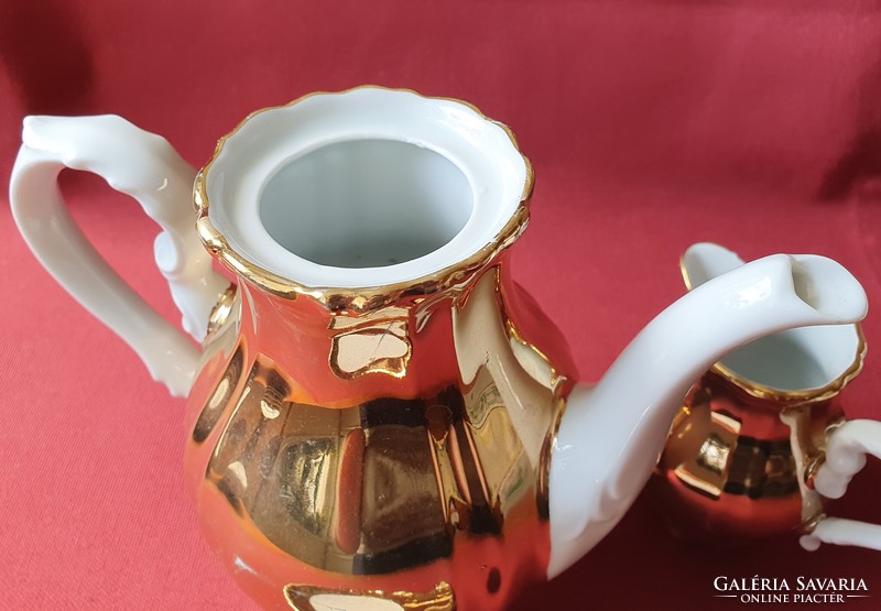 Dúsan aranyozott német porcelán kávés kanna kancsó kiöntő tányér Mayer Wiesau Bavaria karácsonyi