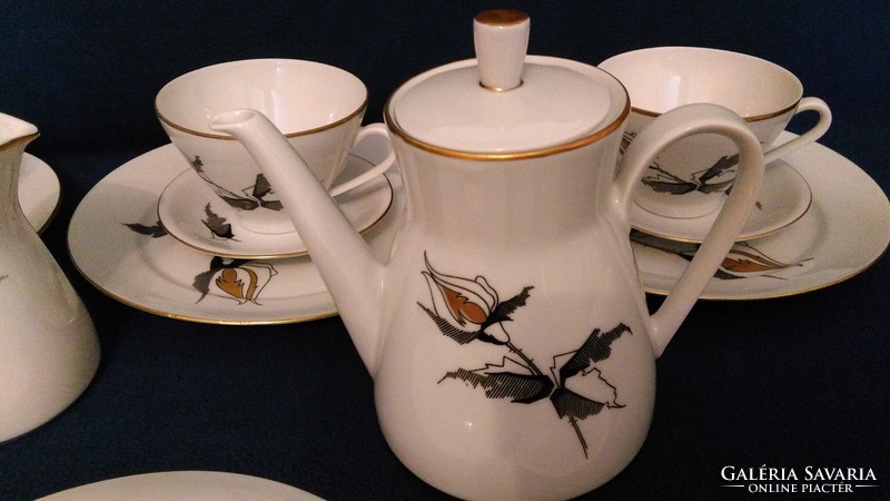 Marked coffee set for 6 (20 pieces) Freiberger gold-black rose-patterned porcelain 1970s