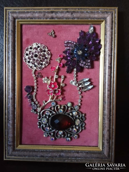 Jewelry wall pictures on a velvet base, in a picture frame, made of vintage jewelry