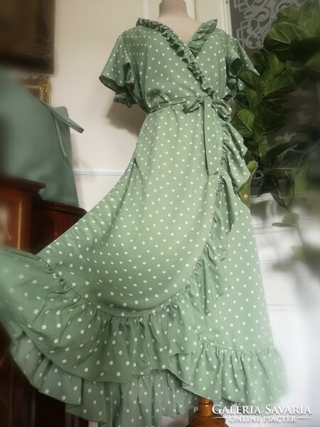 Yuni 46 mint green and white polka dot long dress, overlapped