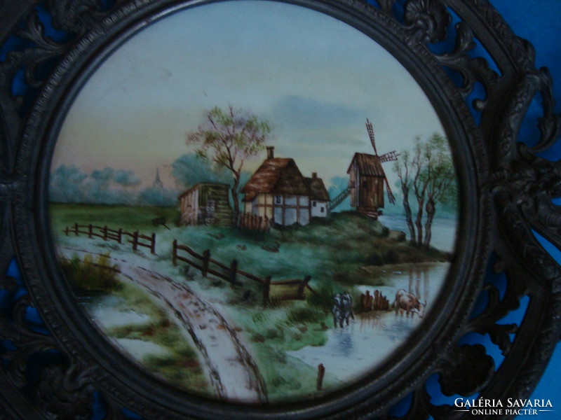 Painted porcelain wall decoration, tin frame