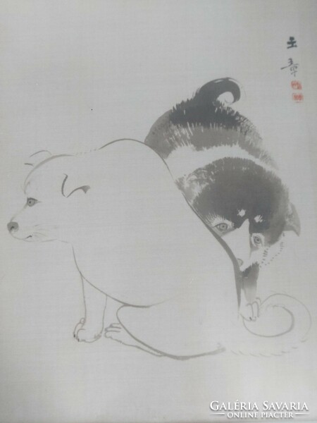 Kawabata Gyokushō japán művész alkotásának /1887-1892/ reprodukciója, 2 kölyökkutya, Meiji period