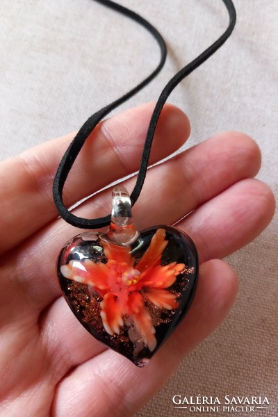 Czech glass orange and black heart pendant necklace