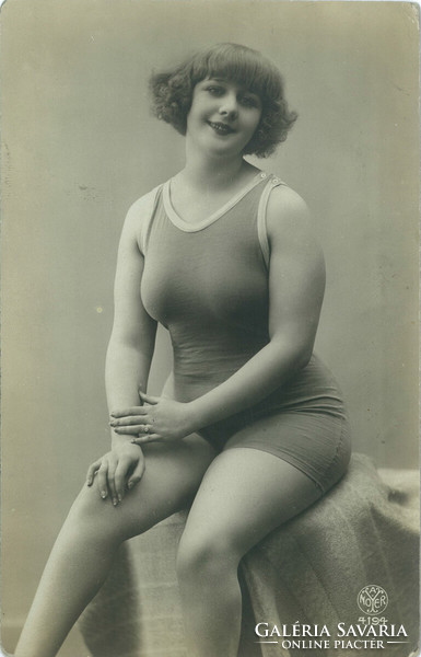 Art deco, French, black and white postcard, photo card. Lady in swimsuit.