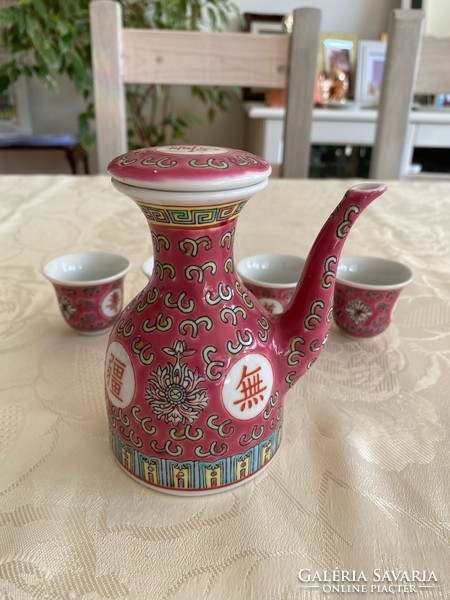 Rózsaszín Jingdezhen Famille Rose porcelán készlet /kis poharak és kiöntő/