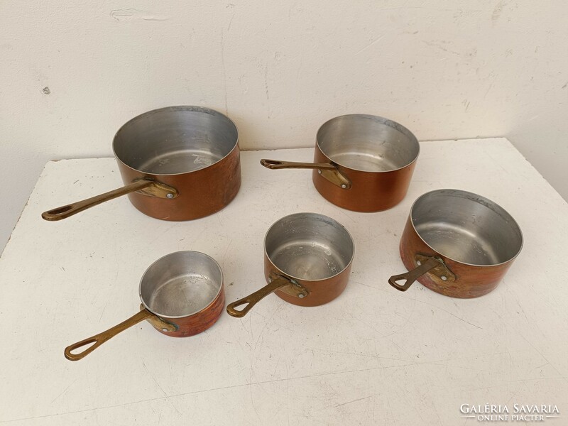 Antique kitchen tool, copper-coated aluminum pot, iron handle, set of 5 pieces 800 8743