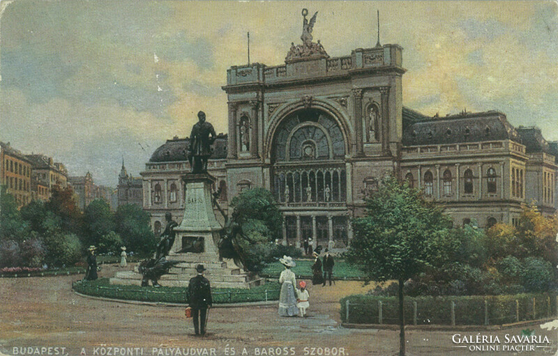 1916 – Budapest, Központi Pályaudvar és Baross szobor. Színezett fotólap, képeslap.