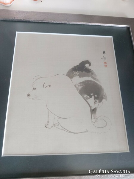 Kawabata Gyokushō japán művész alkotásának /1887-1892/ reprodukciója, 2 kölyökkutya, Meiji period