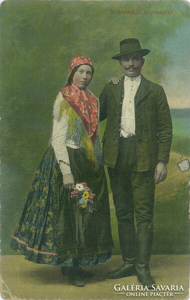 Szarvasköi folk costume. Colored photo sheet, postcard.