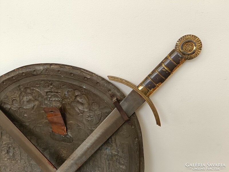 Antik vörösréz kard pajzs kópia Galvanoplastik fali dekoráció harc háború csata military 745 8697