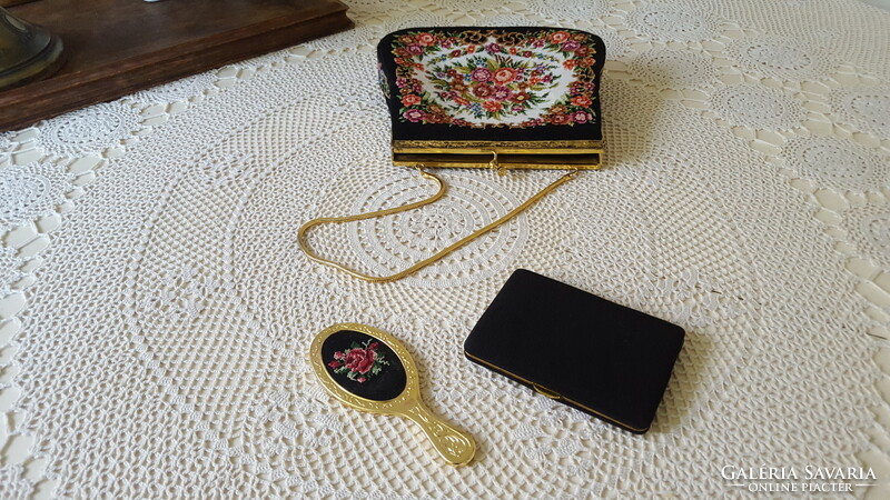 Needle tapestry small theater evening bag with mirror and cigarette case