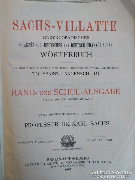 Sachs-Villatte encikopedikus  szótár, 1908 német-francia m hibátlan