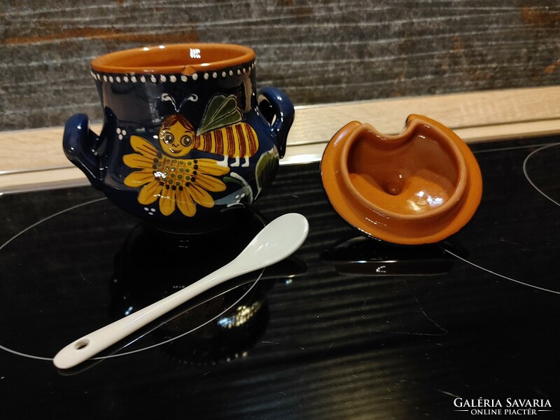 Ceramic sunflower honey bee with porcelain spoon