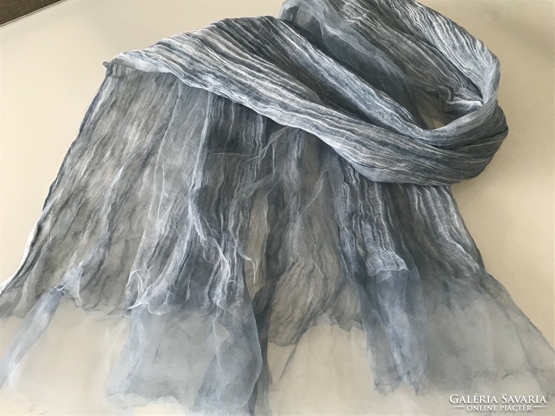 Selyem és pamut keverék stóla halvány acélkék színben, 190 x 70 cm