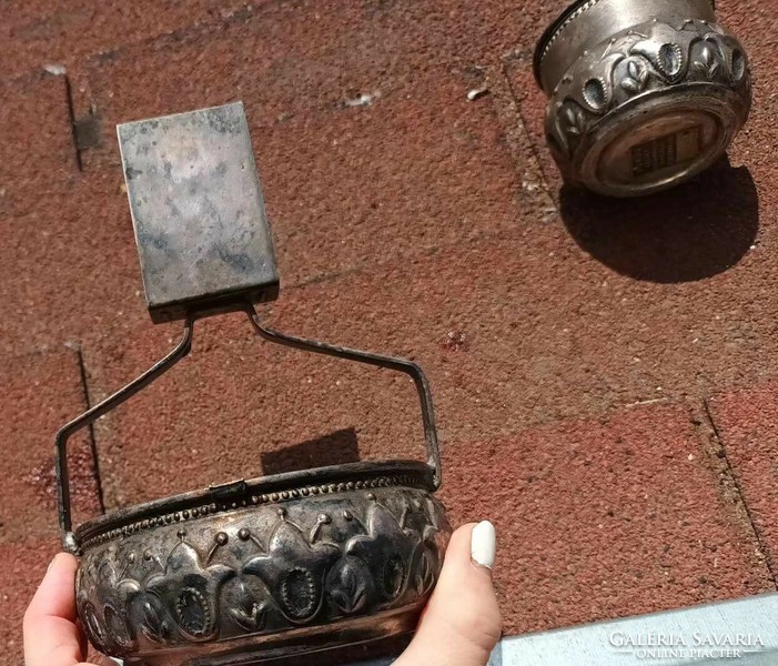 Antique industrial art tulip patterned metal table center pair - ashtray and cigarette holder match holder