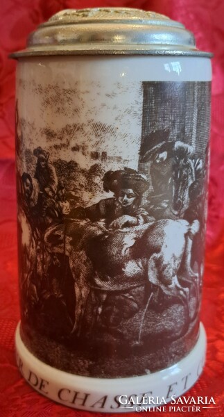 Beer mug with historical scene, hunting mug with tin lid (m4632)