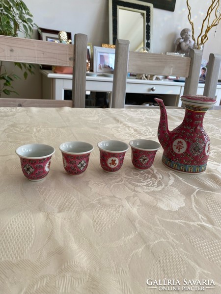 Rózsaszín Jingdezhen Famille Rose porcelán készlet /kis poharak és kiöntő/
